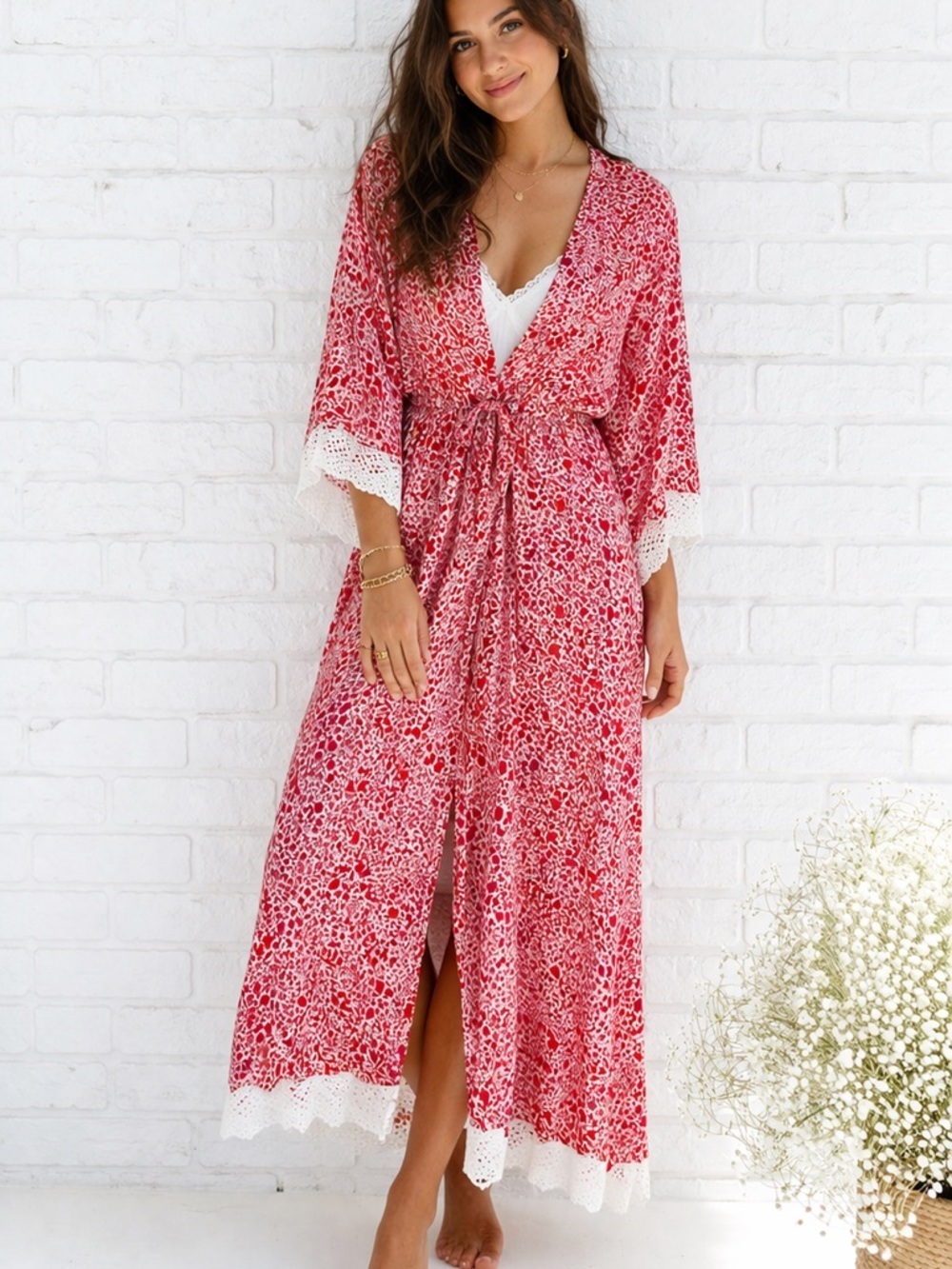 summersalt Easy Breezy Red Micro Floral Lace-Trim Swim Coverup Maxi Dress Size M